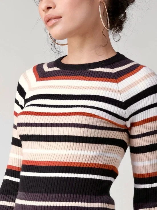 Forever 21 Striped Rib-Knit Crew Sweater top in Cream, Black and Rust - Picture 1 of 4
